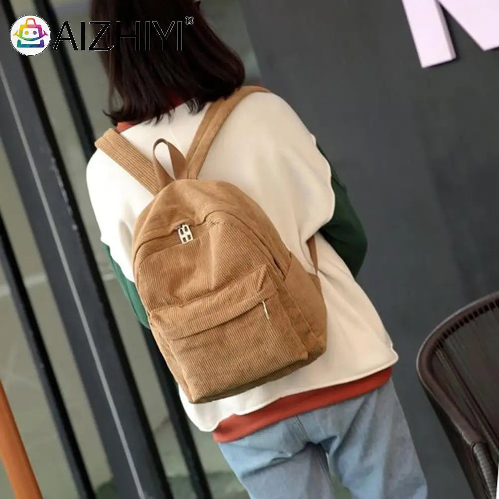 Women Corduroy Shoulder Bag Backpack Students School Travel Large Capacity