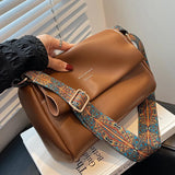 Women Crossbody Bag PU Leather Wide Strap Messenger Bags Female Solid Flap Purse