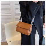 Women Crossbody Bag PU Leather Wide Strap Messenger Bags Female Solid Flap Purse