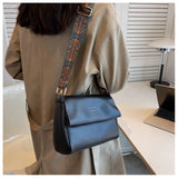 Women Crossbody Bag PU Leather Wide Strap Messenger Bags Female Solid Flap Purse