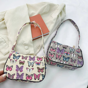 Daisy Butterfly Plaid Canvas Shoulder Bag Vintage Mini Handbag