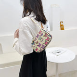 Daisy Butterfly Plaid Canvas Shoulder Bag Vintage Mini Handbag