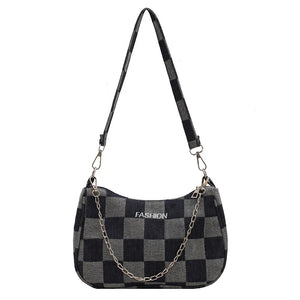 Women Denim Plaid Printing Shoulder Bag Chain Small Purse Handbags
