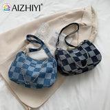 Women Denim Plaid Printing Shoulder Bag Chain Small Purse Handbags