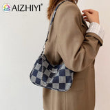 Women Denim Plaid Printing Shoulder Bag Chain Small Purse Handbags