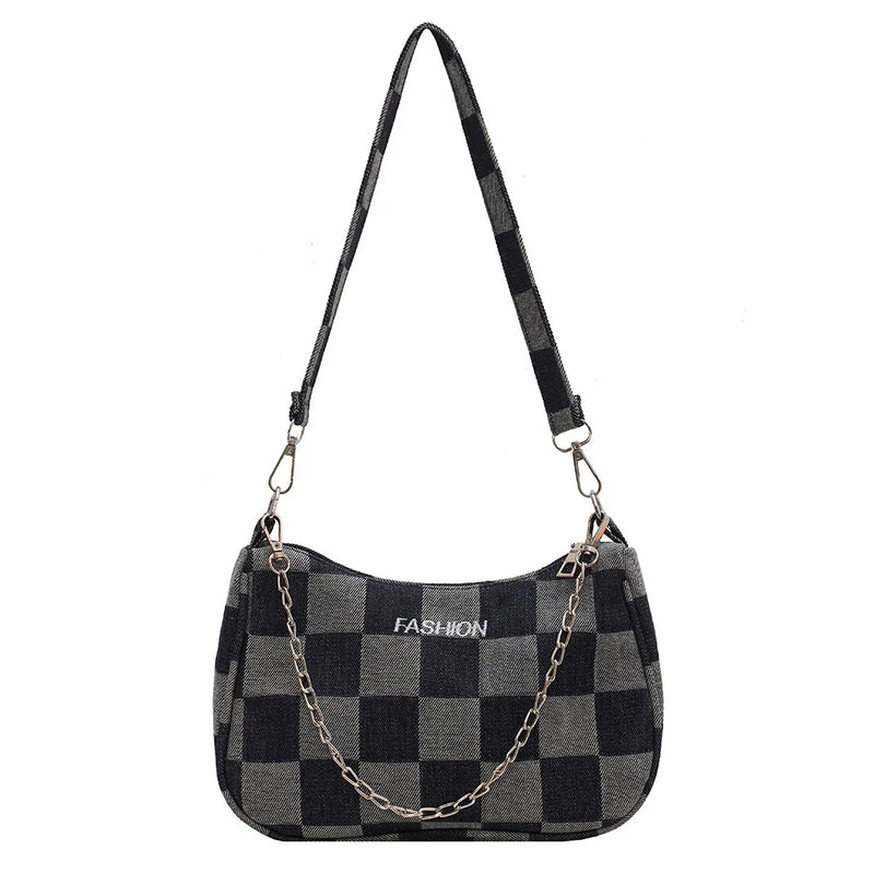 Women Denim Plaid Printing Shoulder Bag Chain Small Purse Handbags