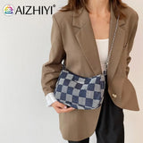 Women Denim Plaid Printing Shoulder Bag Chain Small Purse Handbags