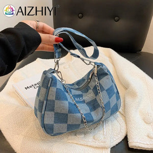 Women Denim Plaid Printing Shoulder Bag Chain Small Purse Handbags