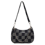 Women Denim Plaid Printing Shoulder Bag Chain Small Purse Handbags