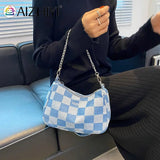 Women Denim Plaid Printing Shoulder Bag Chain Small Purse Handbags