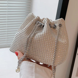Women Diamonds Bucket Bag Pink Crossbody Chain Messenger Bag