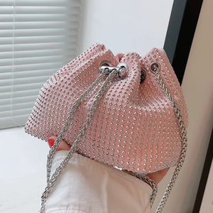 Women Diamonds Bucket Bag Pink Crossbody Chain Messenger Bag