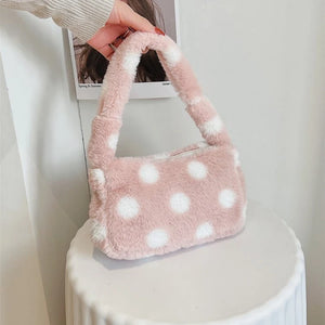 Women Dot Print Shoulder Bags Female Winter Plush Underarm Bags