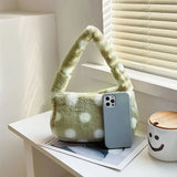 Women Dot Print Shoulder Bags Female Winter Plush Underarm Bags
