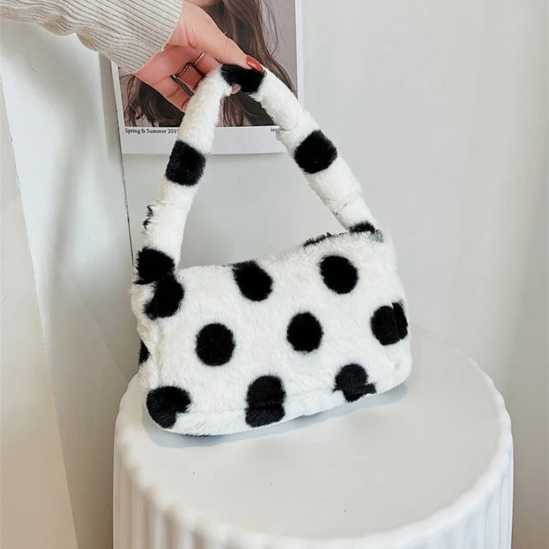 Women Dot Print Shoulder Bags Female Winter Plush Underarm Bags