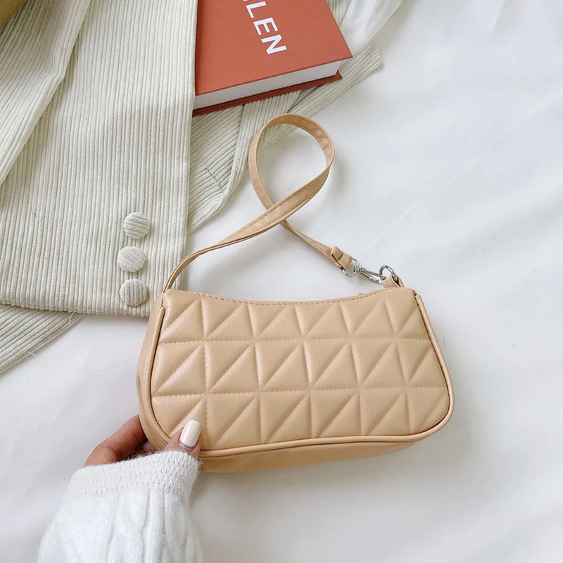 Women Geometric PU Leather Shoulder Handbag Checker Pattern Underarm Bag