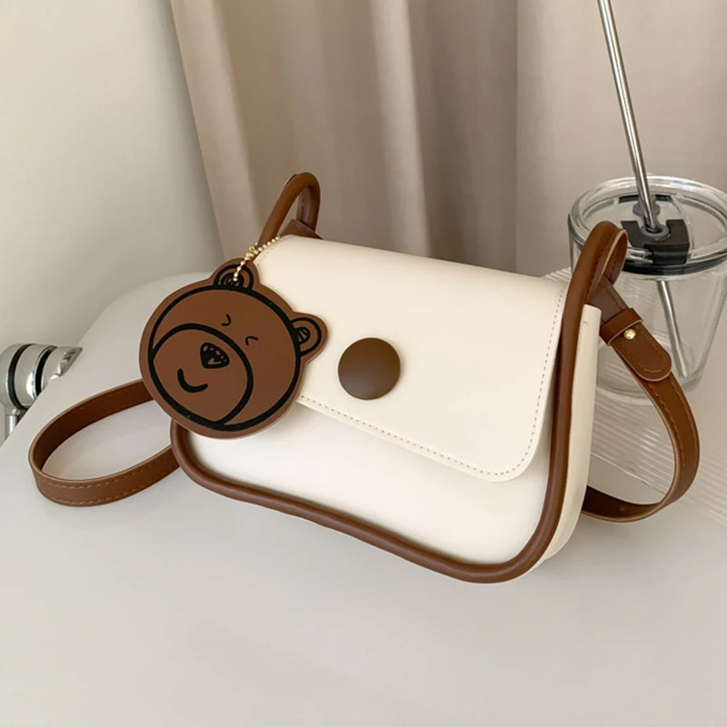 Women Tote Bag Portable PU Leather Hand Bag Lightweight with Bear Pendant
