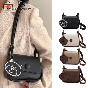 Women Tote Bag with Bear Pendant PU Leather Soft Solid for Vacation