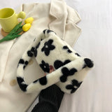 Flower Print Shoulder Bag Soft Plush Handbag Small Tote