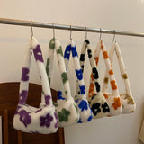 Flower Print Shoulder Bag Soft Plush Handbag Small Tote