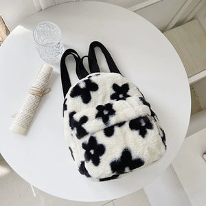 Women Flowers Print Backpack Plush Mini Rucksack