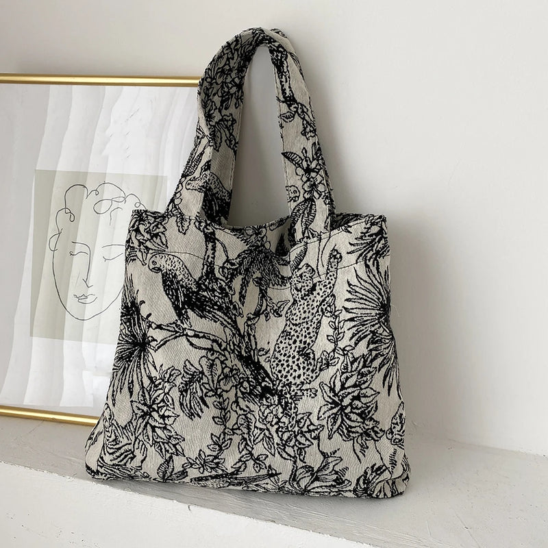 Women Forest Jacquard Canvas Shoulder Shopping Bag Casual Ladies Summer Beach