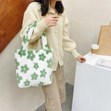 Green Flower Print Plush Shoulder Bag Winter Faux Fur Bucket Tote