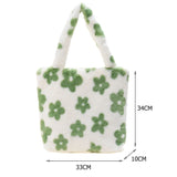 Green Flower Print Plush Shoulder Bag Winter Faux Fur Bucket Tote