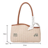 Women Straw Woven Bag Irregular Letters Weave Shoulder Bag with Scarf