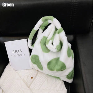 Heart Print Shoulder Bag Winter Plush Green Tote Shopping Bag