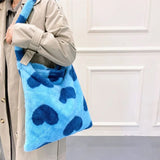 Heart Print Shoulder Bag Winter Plush Green Tote Shopping Bag