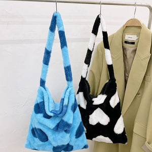 Heart Print Shoulder Bag Winter Plush Green Tote Shopping Bag