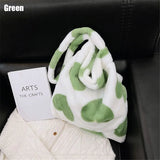 Heart Print Shoulder Bag Winter Plush Green Tote Shopping Bag