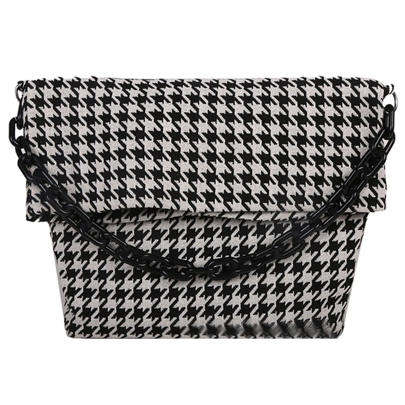 Women Canvas Houndstooth Shoulder Bag Chain Tote Handbag