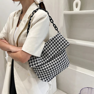 Women Canvas Houndstooth Shoulder Bag Chain Tote Handbag