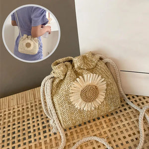Sunflower Straw Shoulder Bag Drawstring Bucket Pouch