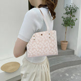 Women Lace Flowers Embroidery Shoulder Bag PU Leather Tote Shopping