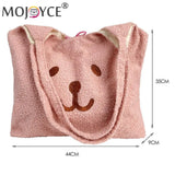 Women Lamb Wool Bear Face Pattern Handbag Portable Travel Embroidered