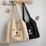 Women Lamb Wool Bear Face Handbag Embroidered Large Solid Shoulder Bags