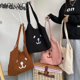 Women Lamb Wool Bear Face Pattern Handbag Portable Travel Embroidered