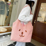 Women Lamb Wool Bear Face Pattern Handbag Portable Travel Embroidered
