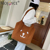 Women Lamb Wool Bear Face Pattern Handbag Portable Travel Embroidered