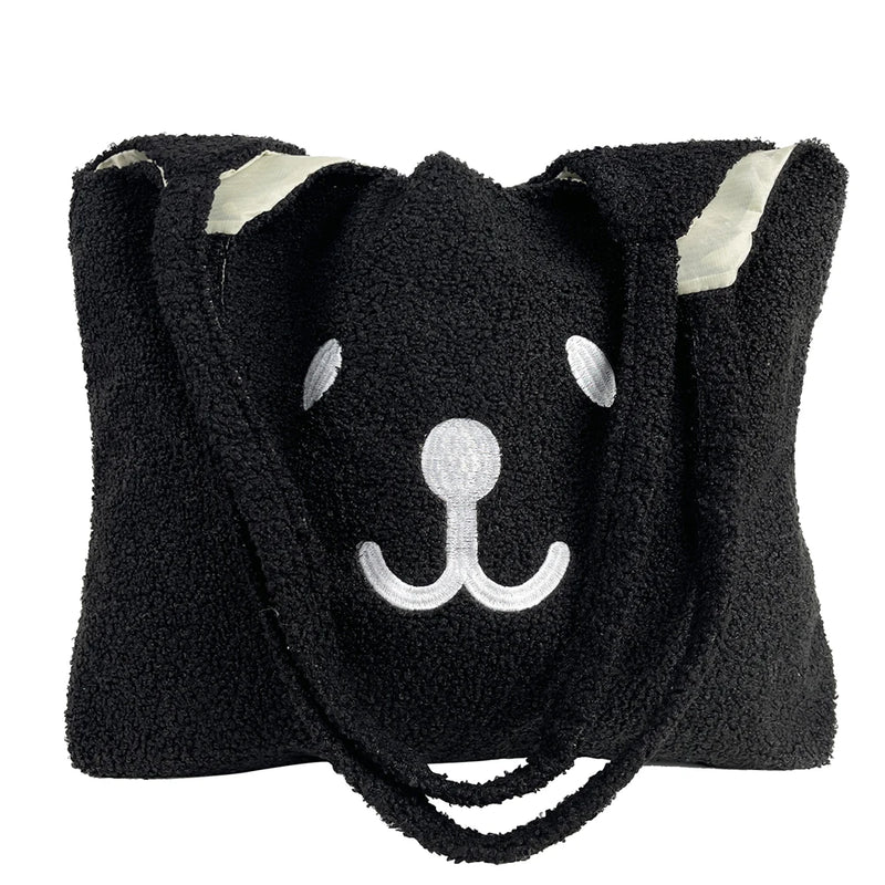 Women Lamb Wool Bear Pattern Handbag Embroidered Large Capacity Shoulder Bag