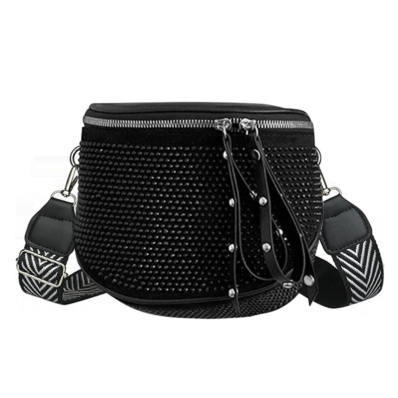 Women Leather Rhinestone Shoulder Bag with Wide Strap