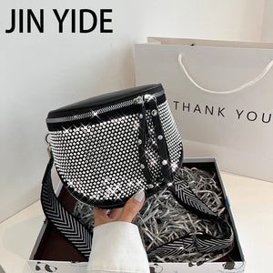 Women's Leather Diamond Shoulder Bag with Rhinestones