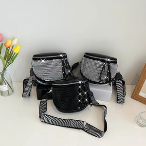 Women Leather Rhinestone Shoulder Bag with Wide Strap