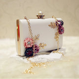 White Leather Flower Clutch Purse Evening Bag