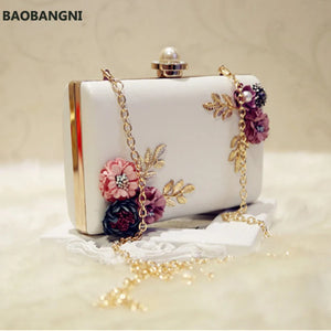 White Leather Evening Bag Wedding Flower Clutch Purse