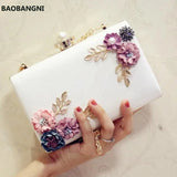 White Leather Evening Bag Wedding Flower Clutch Purse