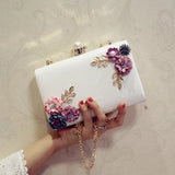 White Leather Evening Bag Flower Clutch Purse